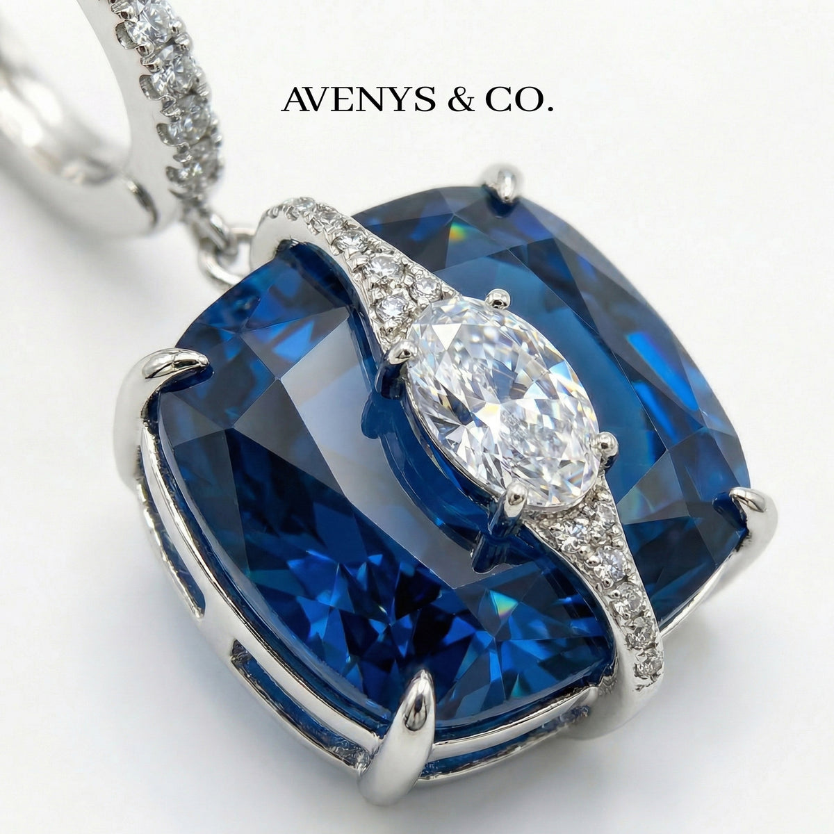 Embrace Pave Earrings with Blue Cushion Stone – on White Gold