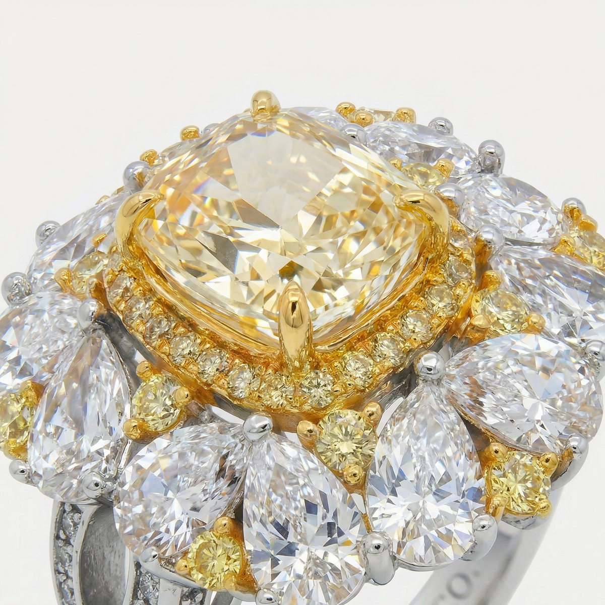 Royal Flower Halo Ring with Yellow Cushion Stone – on White Gold
