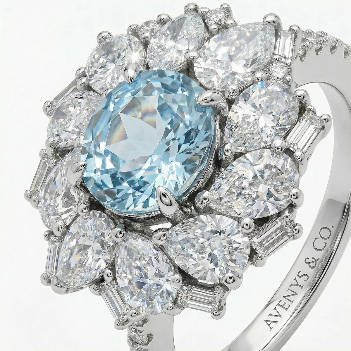 Bloom Halo Ring with Blue Oval Stone – on White Gold