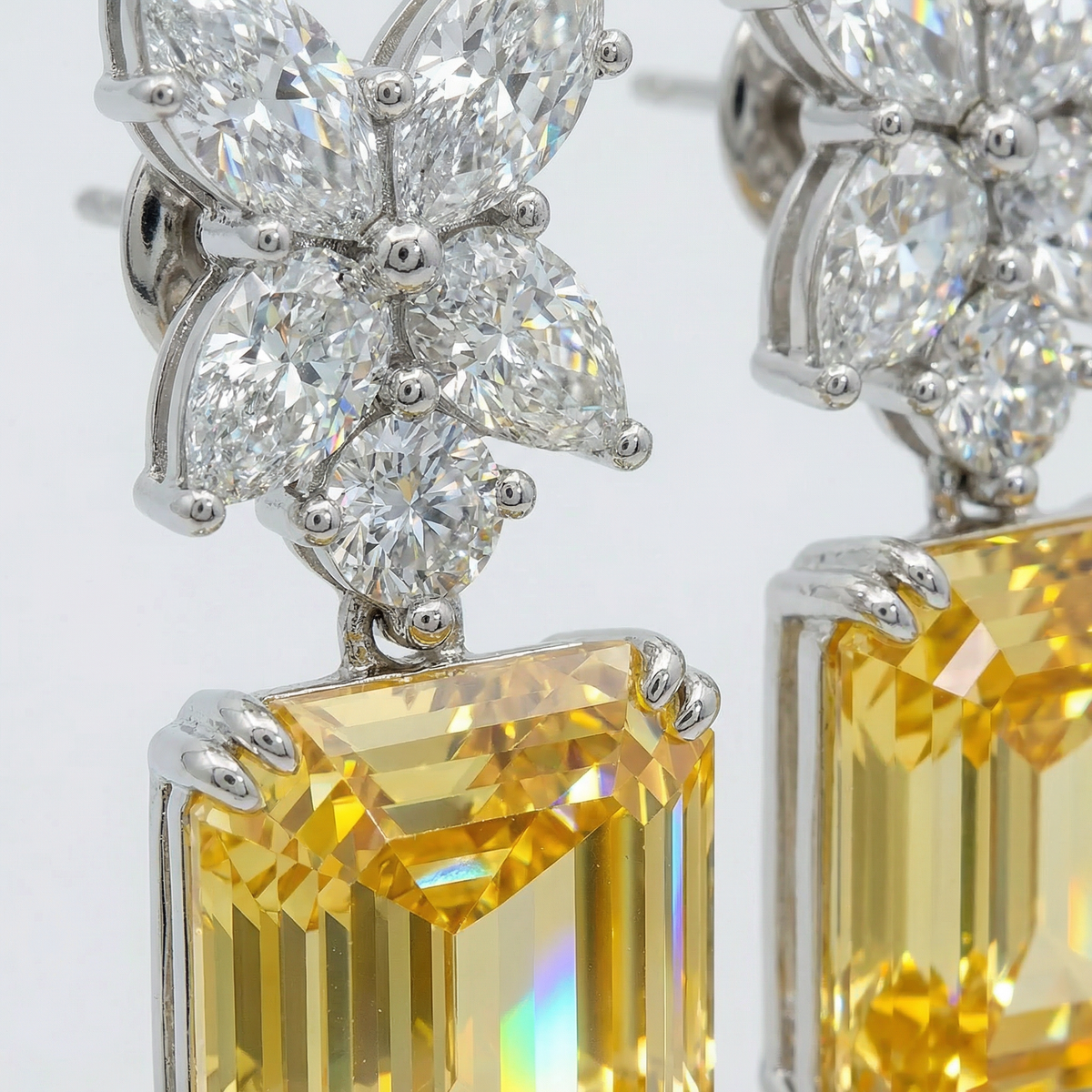 Emerald Drop Earrings with Yellow Emerald Stone – on White Gold