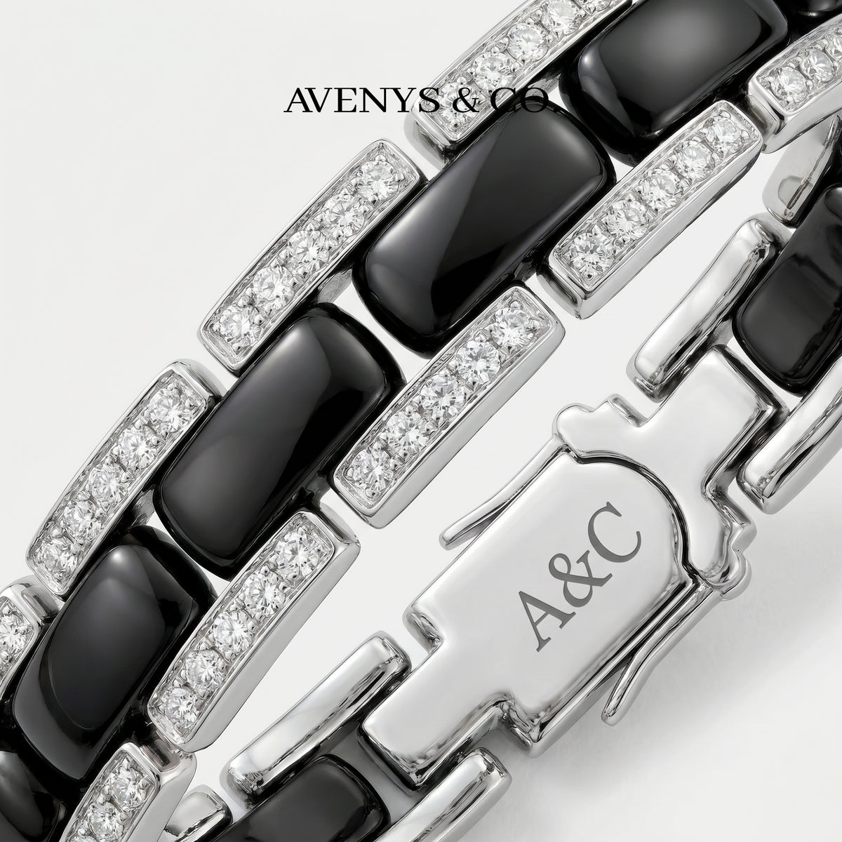 Connected Bracelet with Black Round Stone – on White Gold