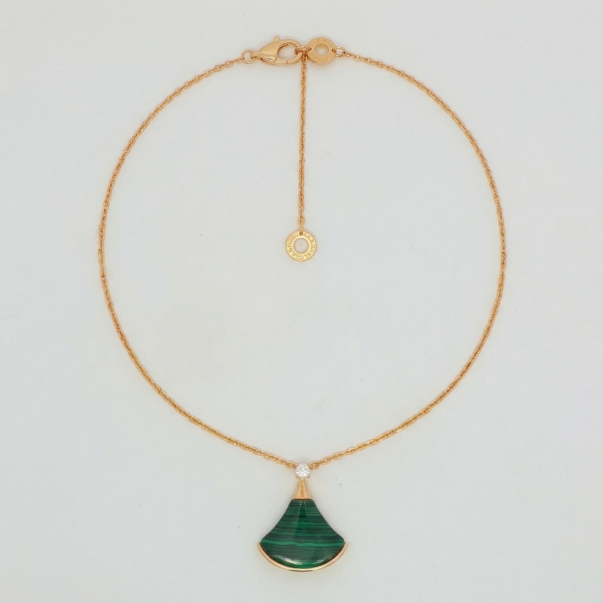 Yellow Gold Charm Necklace with Cabochon Cut Malachite Pendant