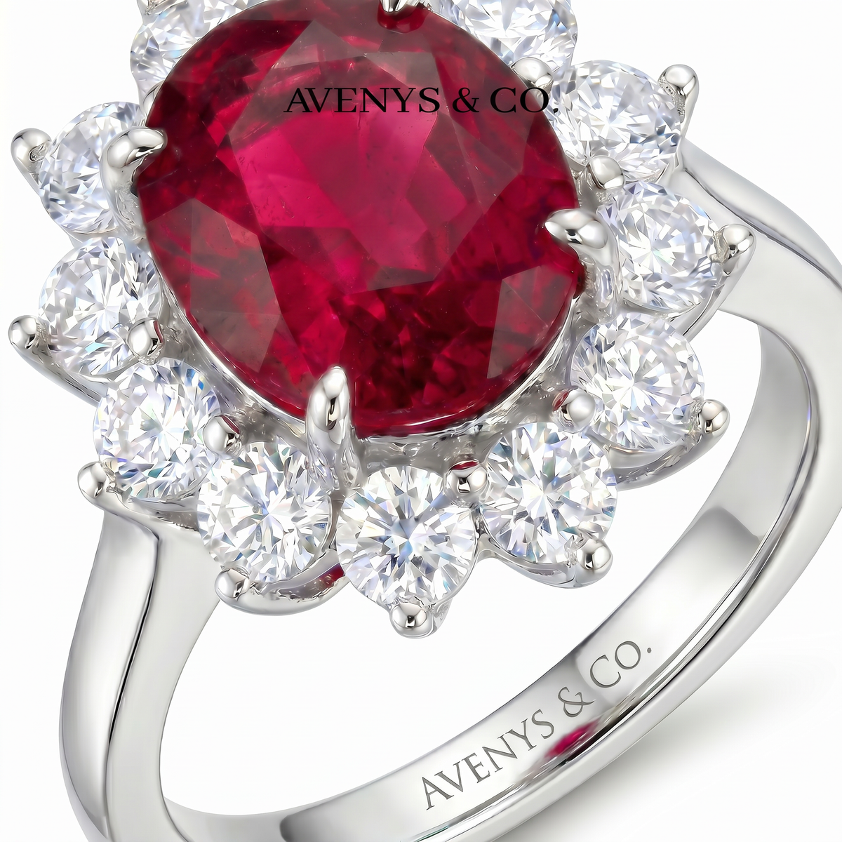 Classic Halo Ring with Red Oval Stone – on White Gold