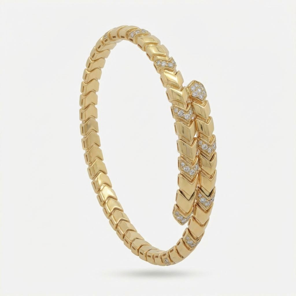 Chevron  Bangle with White Round Stone – on Yellow Gold