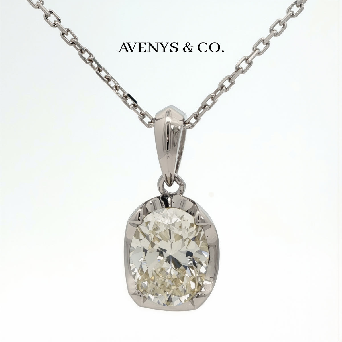 Platinum White Gold Oval Cut Diamond Solitaire Pendant Necklace