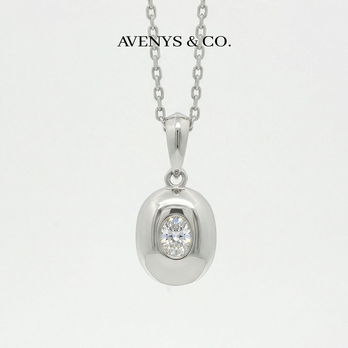 Platinum White Gold Oval Cut Diamond Solitaire Pendant Necklace