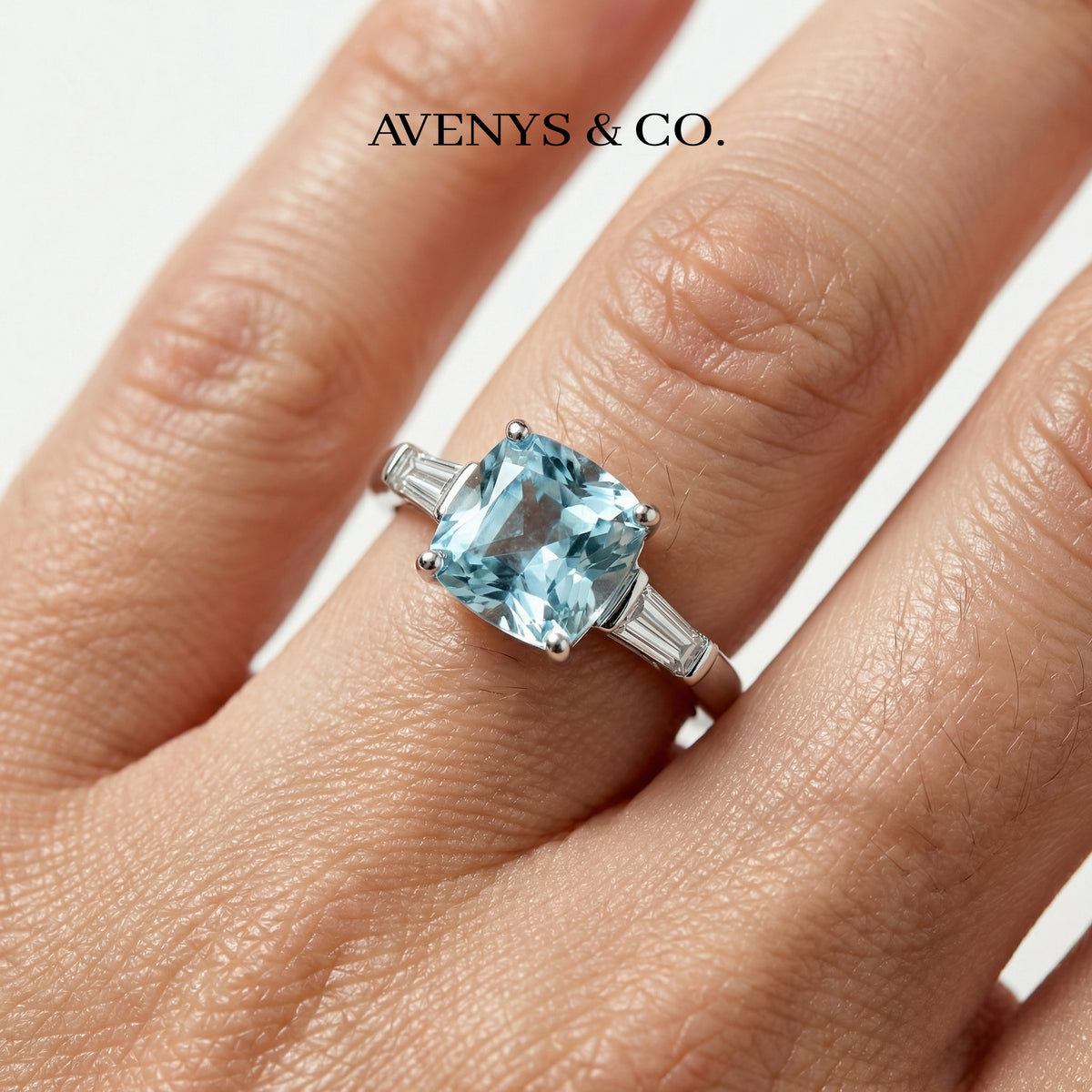 Princess Trilogy Ring with Aquamarine Princess Stone – on White Gold