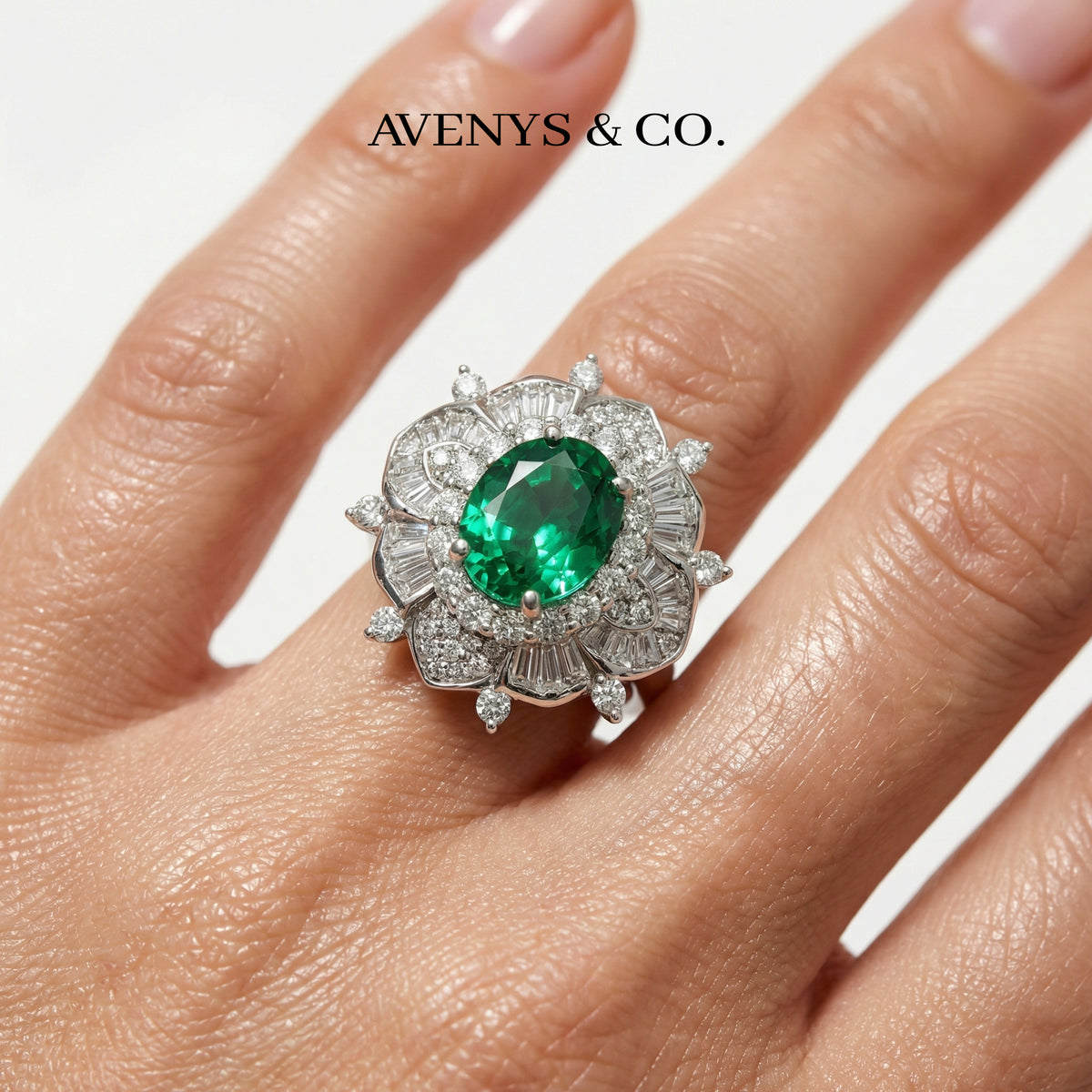 Bloom Burst Ring with Green Oval Stone – on White Gold