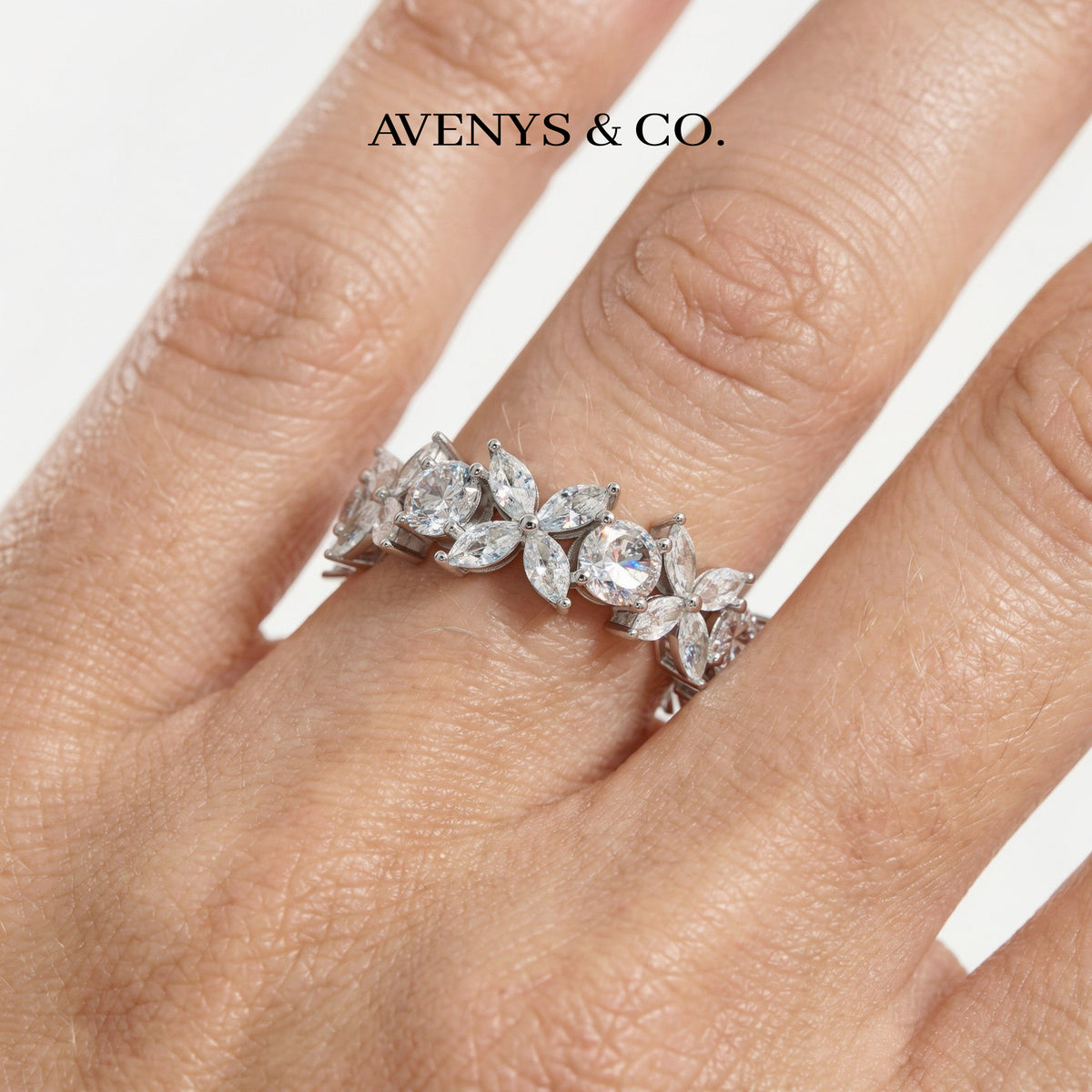 Star Eternity Ring  with White Marquise Stone – on White Gold