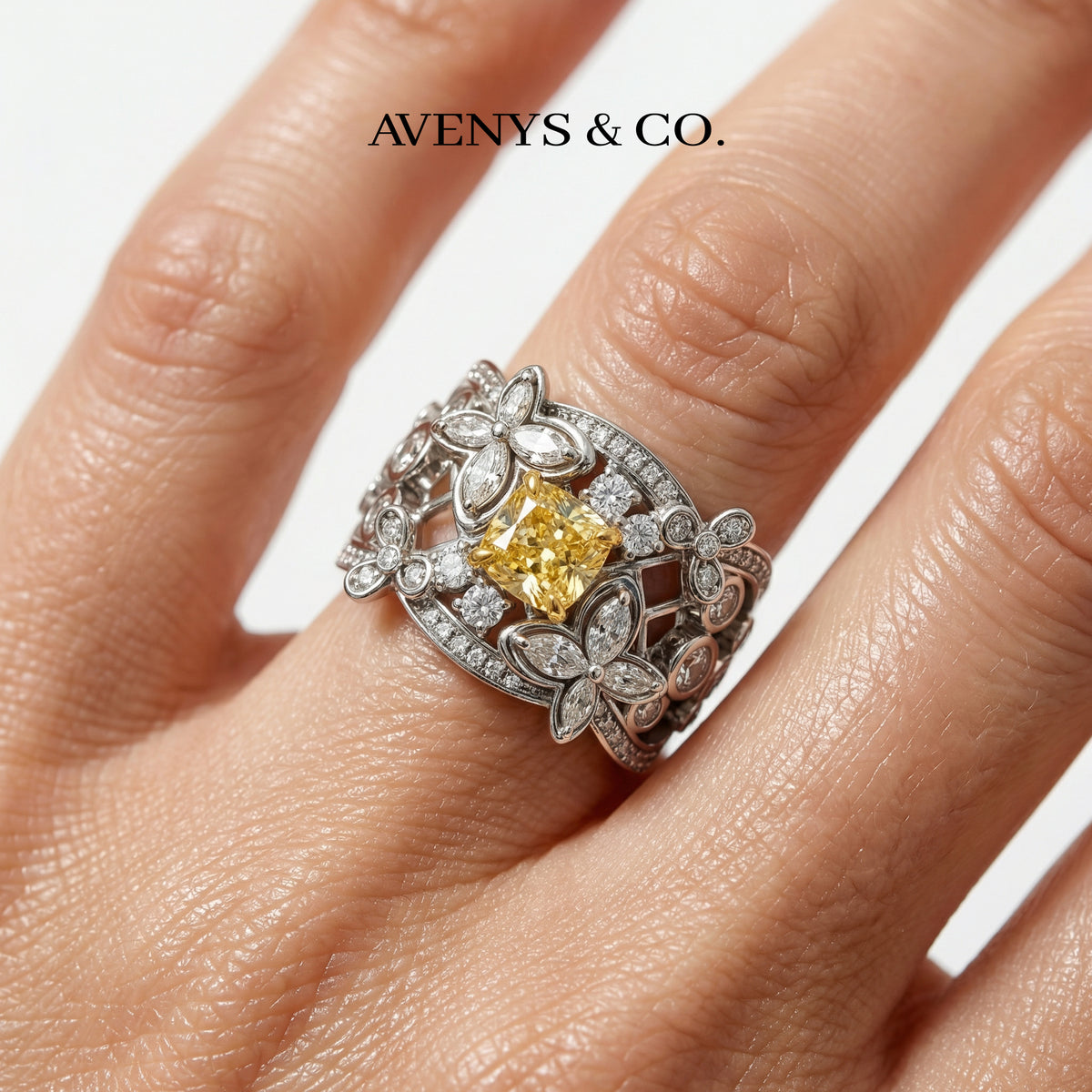 Summer Floral Ring with Yellow Cushion Stone – on White Gold