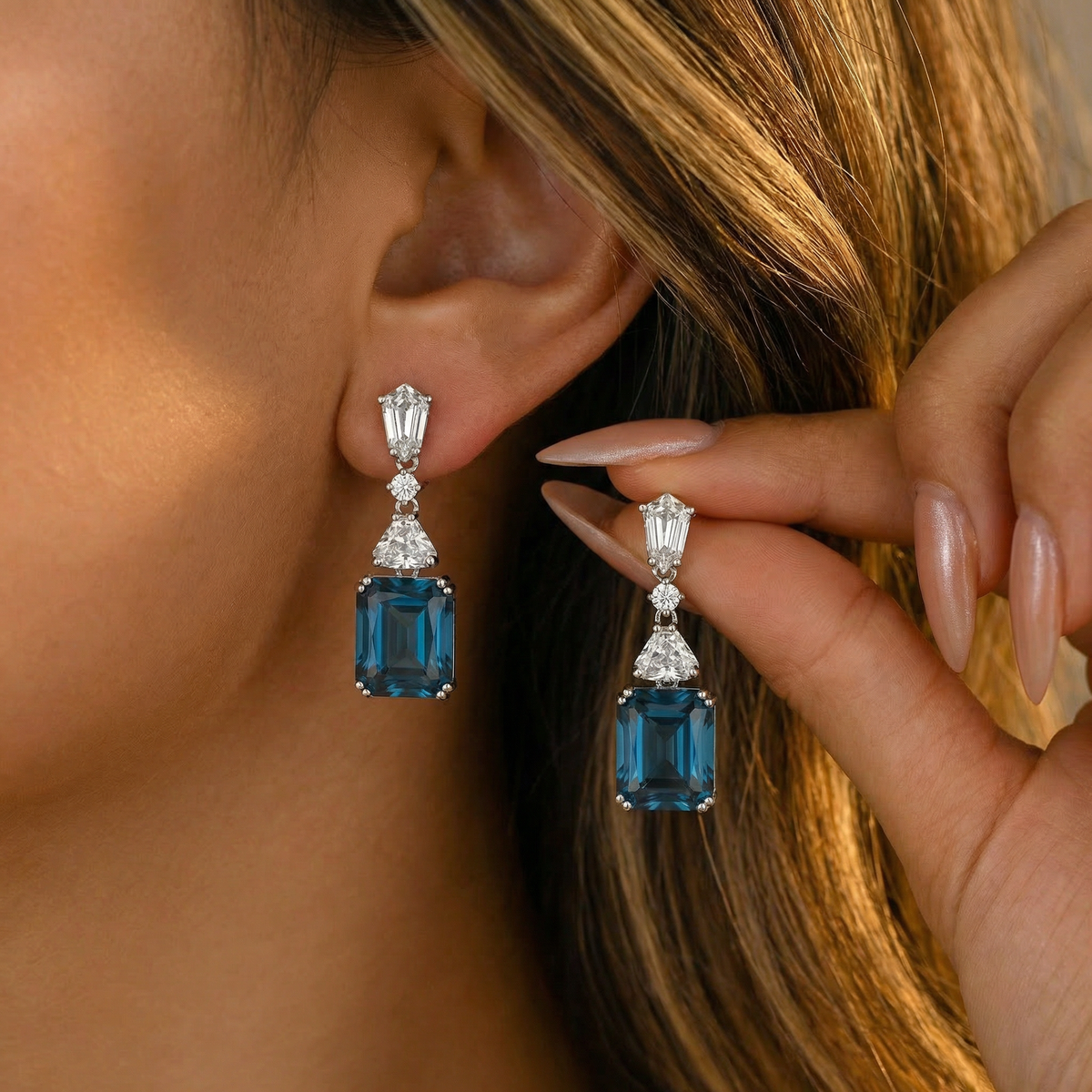 Radiant Drop Earrings with Blue Radiant Stone – on White Gold