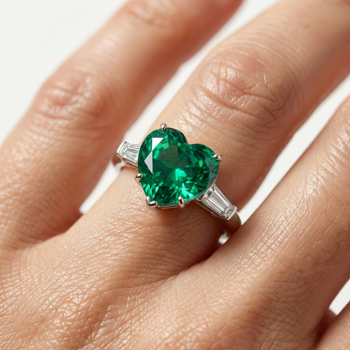 Love Heart Trilogy with Green Heart Stone – on White Gold
