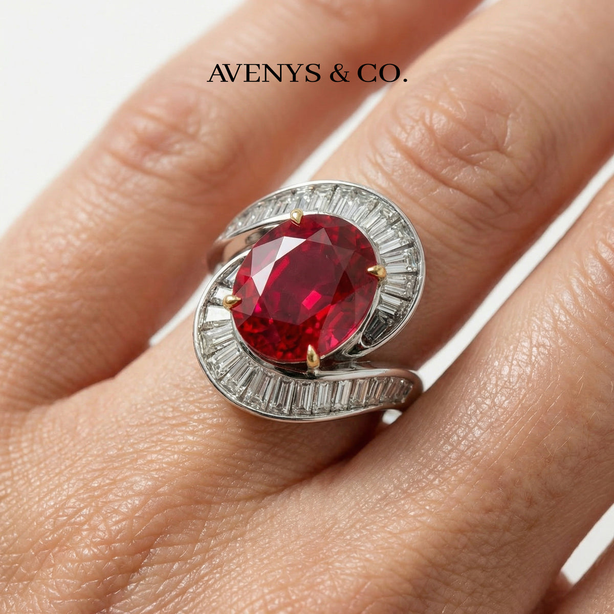 Eclipse Ring with Avenys Created Pigeon Blood Oval Ruby – on White Gold