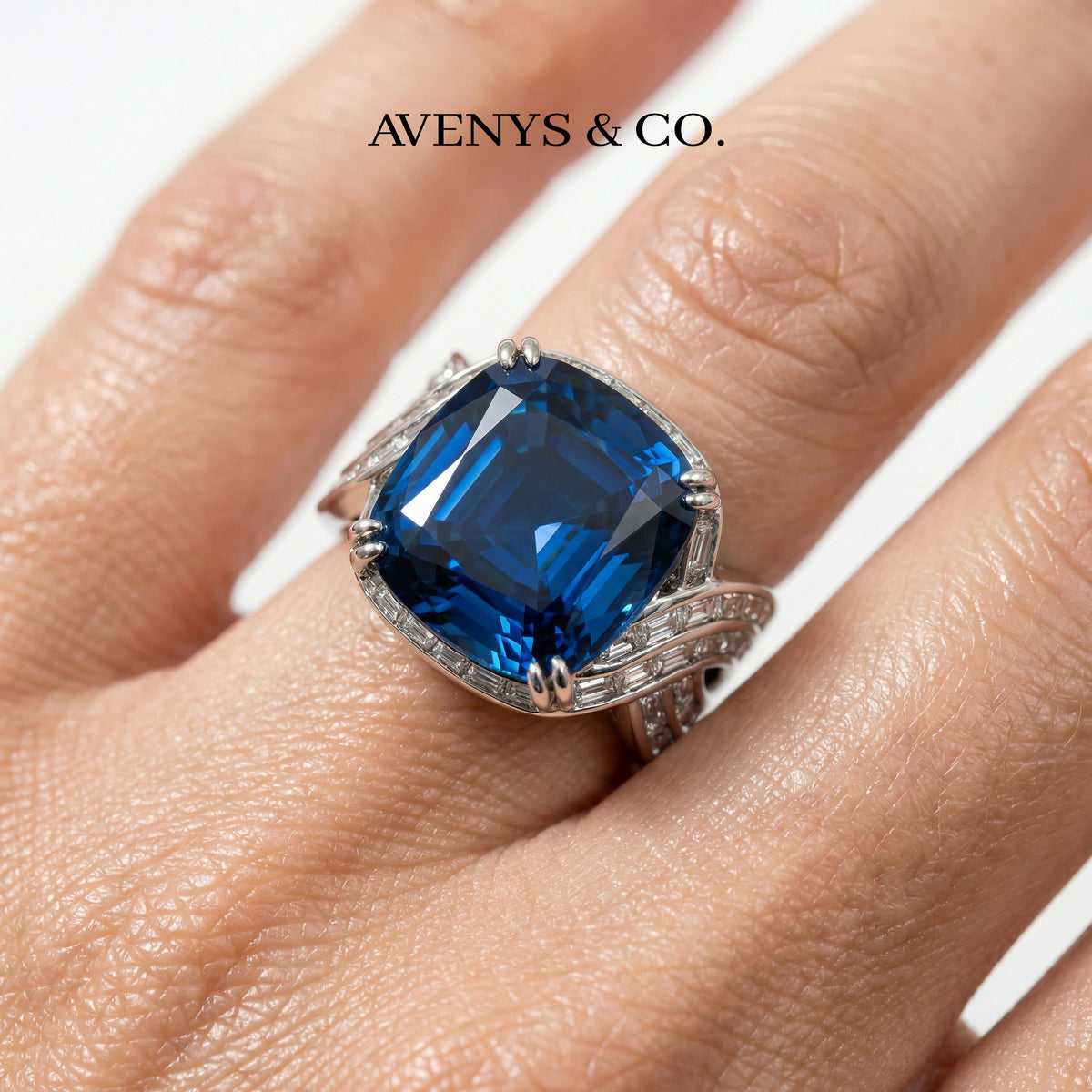 Citadel Pave Ring with Blue Cushion Stone – on White Gold