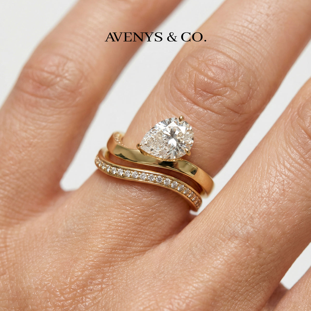 Wave Pave Double Ring with White Pear Stone – on Yellow Gold
