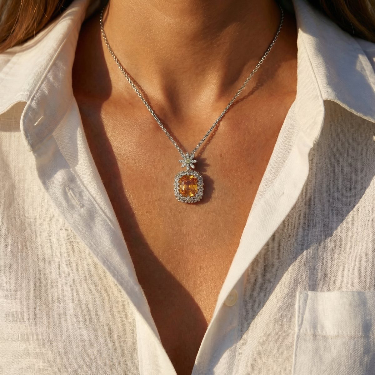 Crown Pendant Necklace with Yellow Cushion Stone – on White Gold