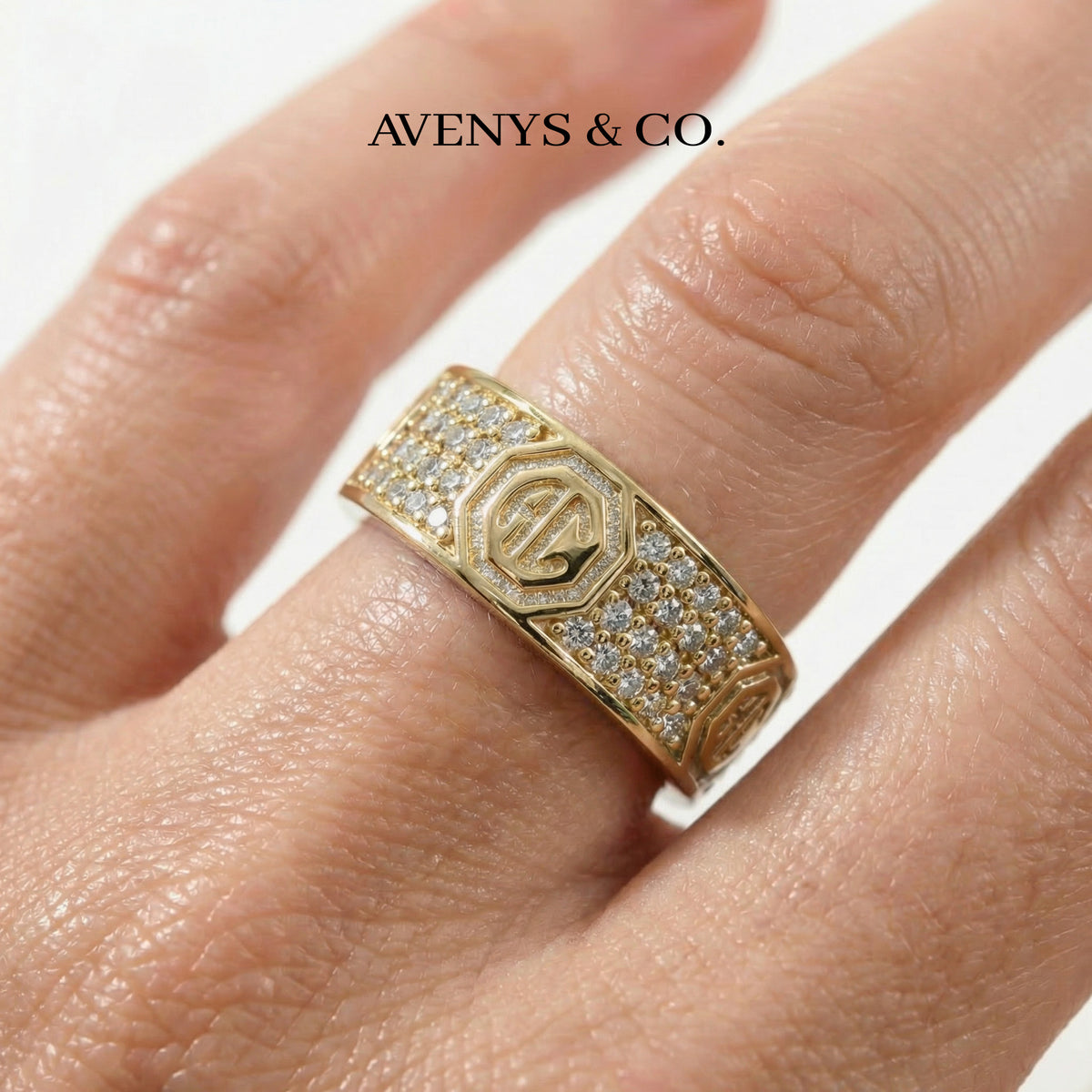 Halo Pave Ring with White Round Stone – on Yellow Gold