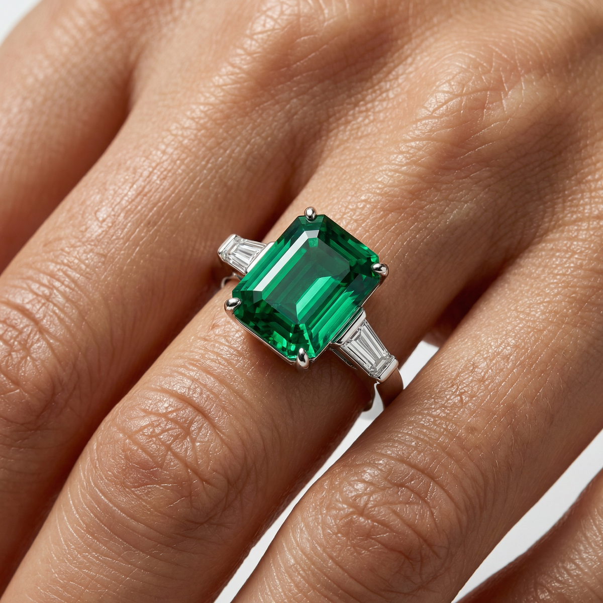 Radiant Trilogy Ring with Green Radiant Stone – on White Gold