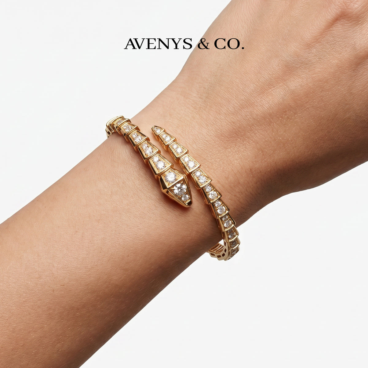 Coil Full Pave Bangle with White Round Stone – on Yellow Gold