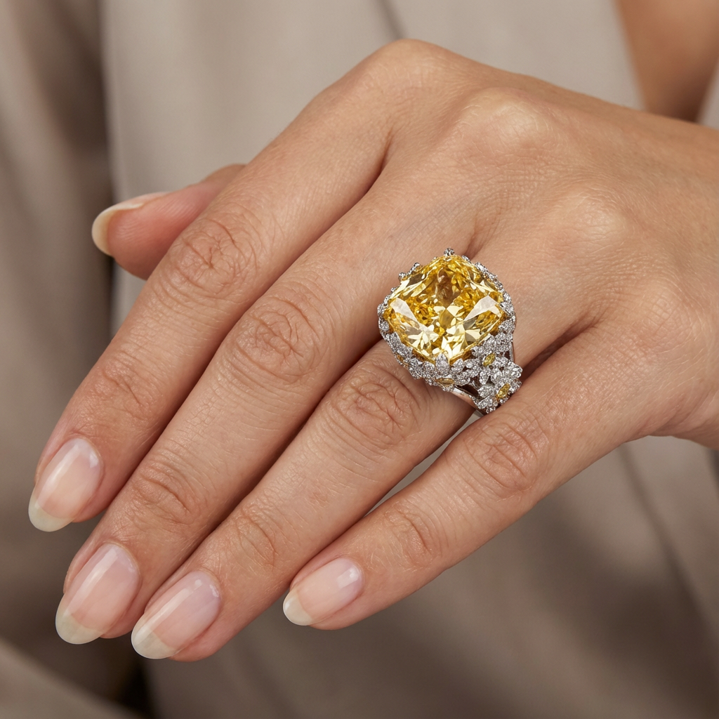 Crown Ring with Yellow Cushion Stone – on White Gold