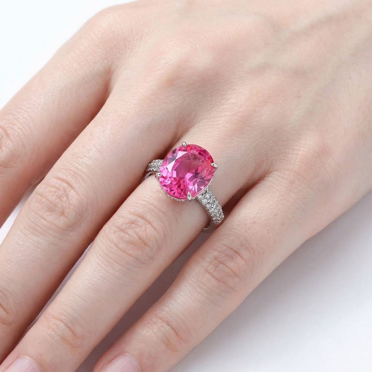 Oval Pave Ring with Pink Oval Stone – on White Gold