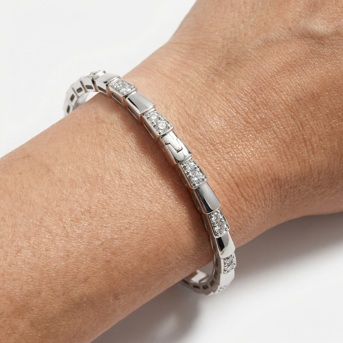 Coil Pave Bangle with White Round Stone – on White Gold