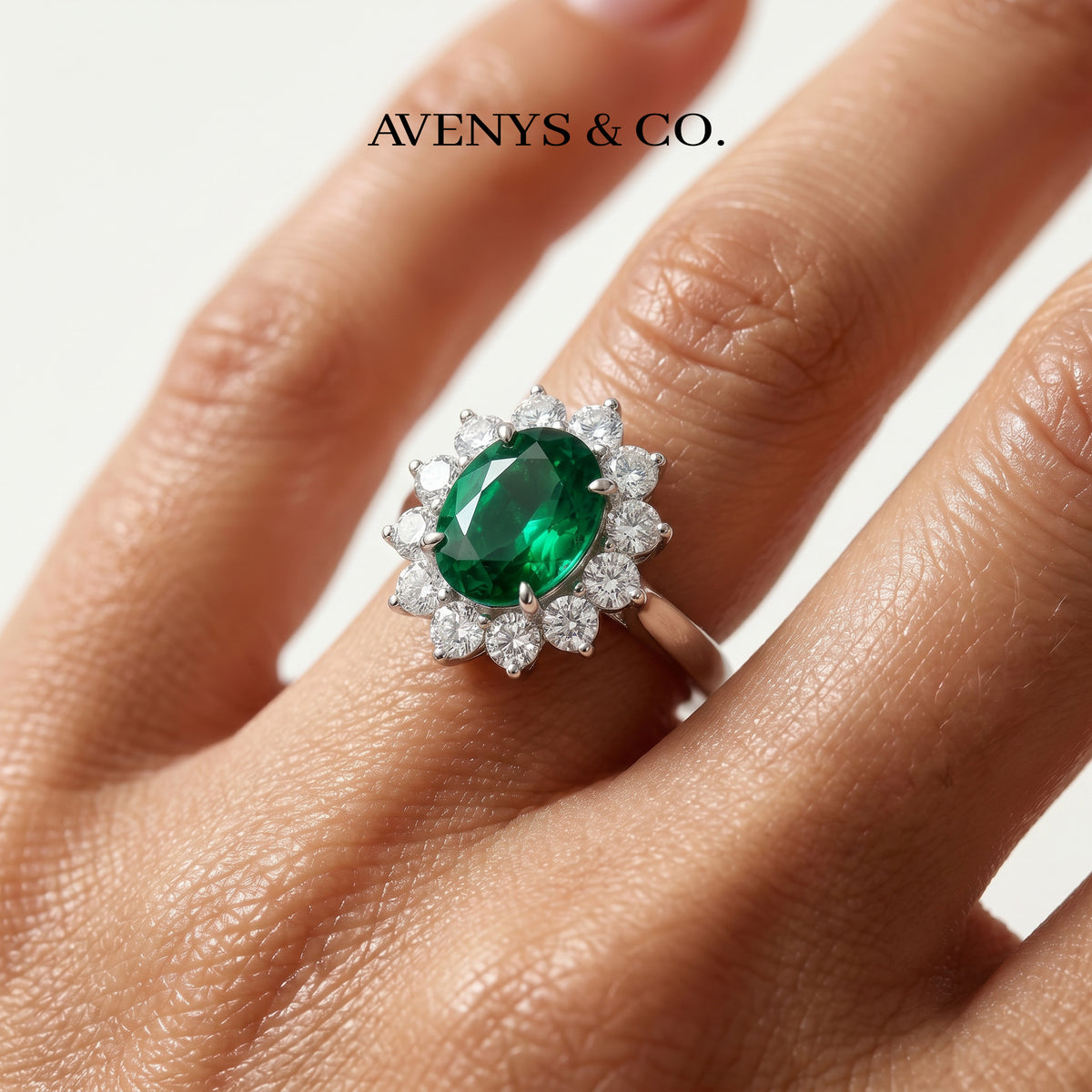 Classic Halo Ring with Green Oval Stone – on White Gold