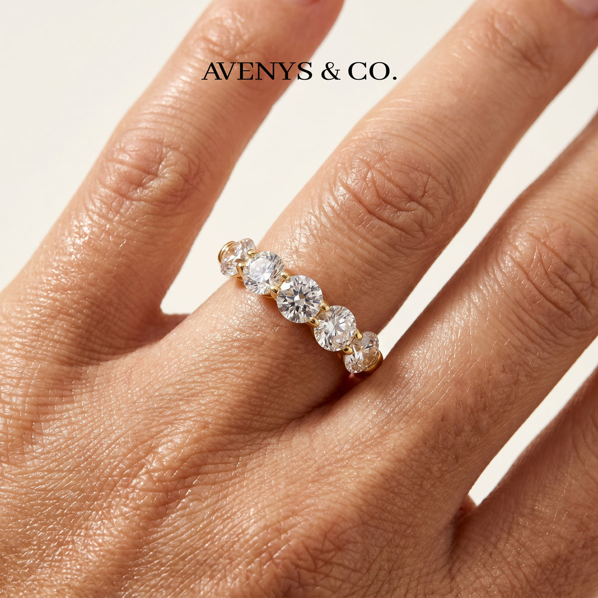 Five Stone Ring with White Round Stone – on Yellow Gold