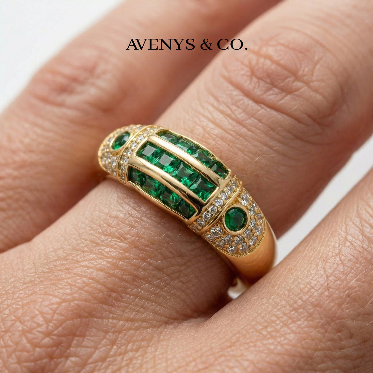 Cleopatra Ring with Green Emerald Stone – on Yellow Gold