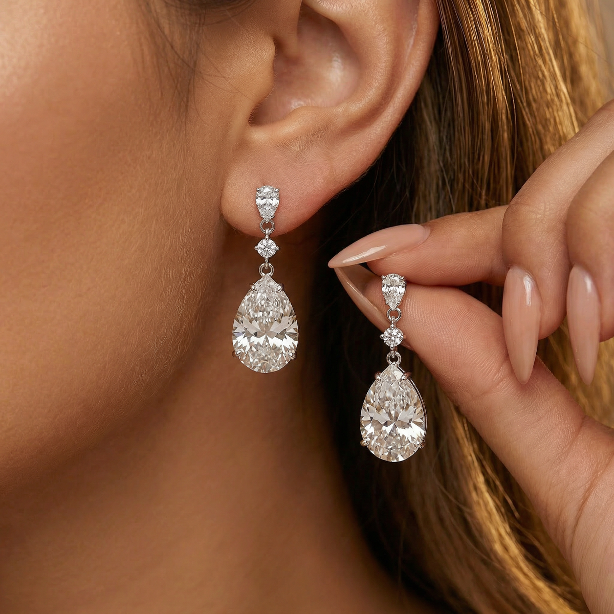 Pear Drop Earrings with White Pear Stone – on White Gold