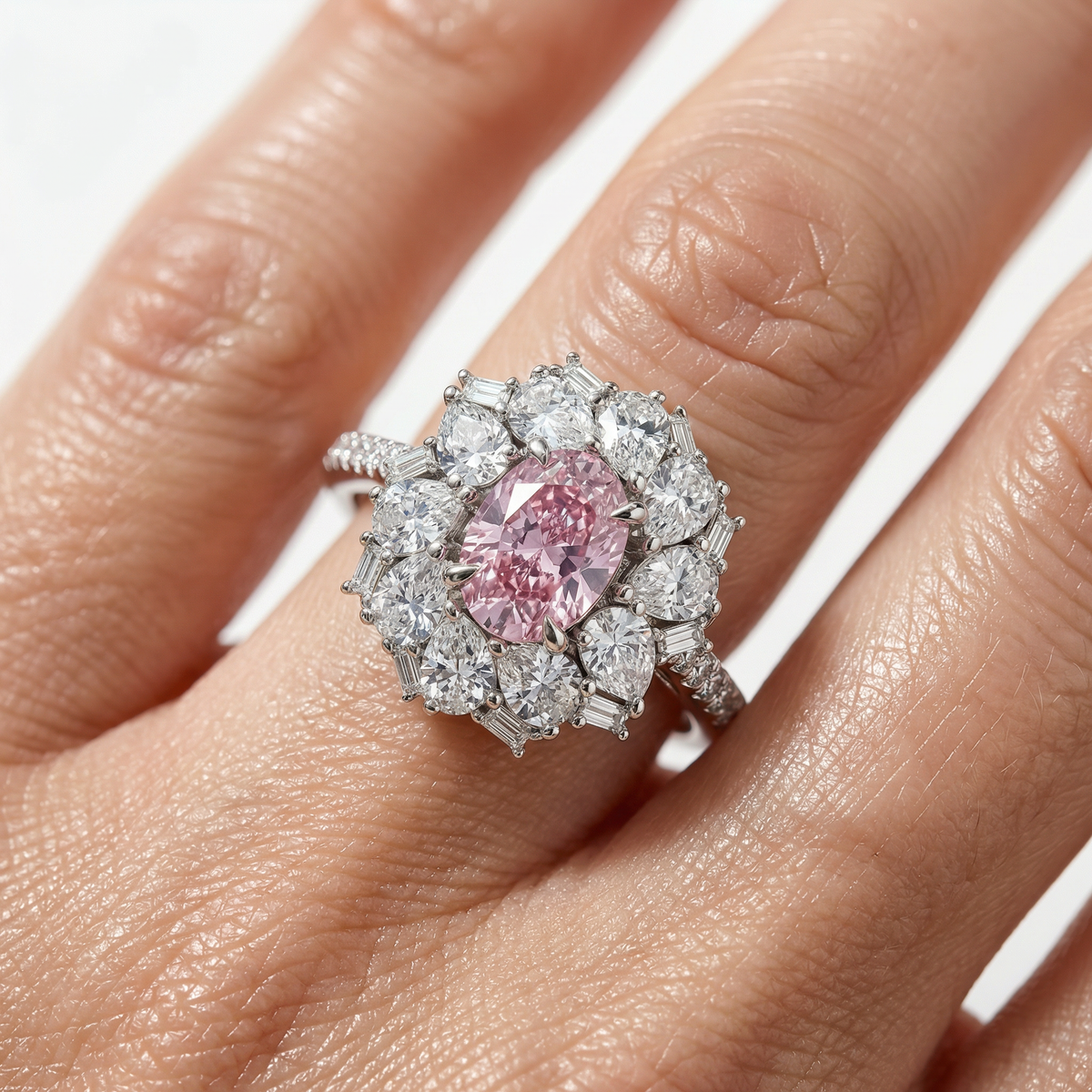 Bloom Halo Ring with Pink Oval Stone – on White Gold