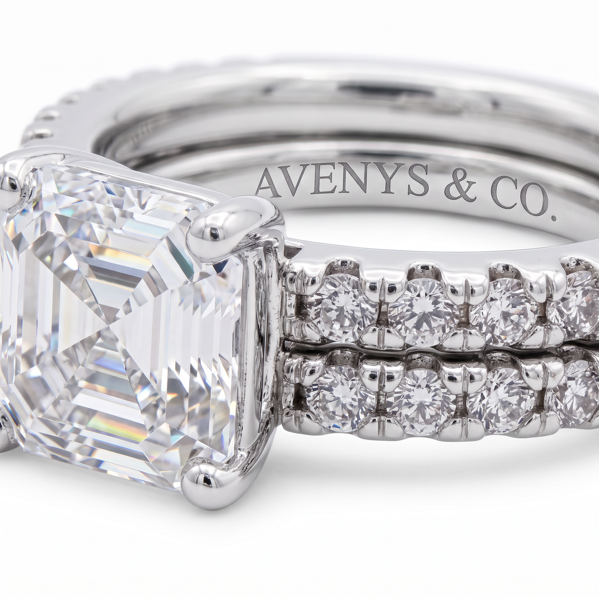 AV Dua™ Asscher Ring Set with White Asscher Stone – on White Gold