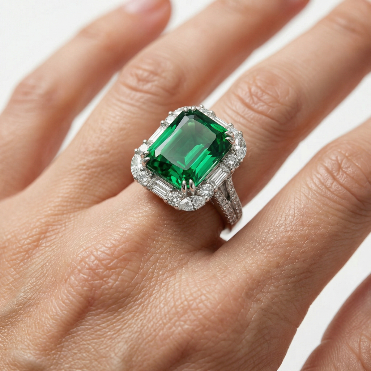 Eden Frame Ring with Green Radiant Stone – on White Gold