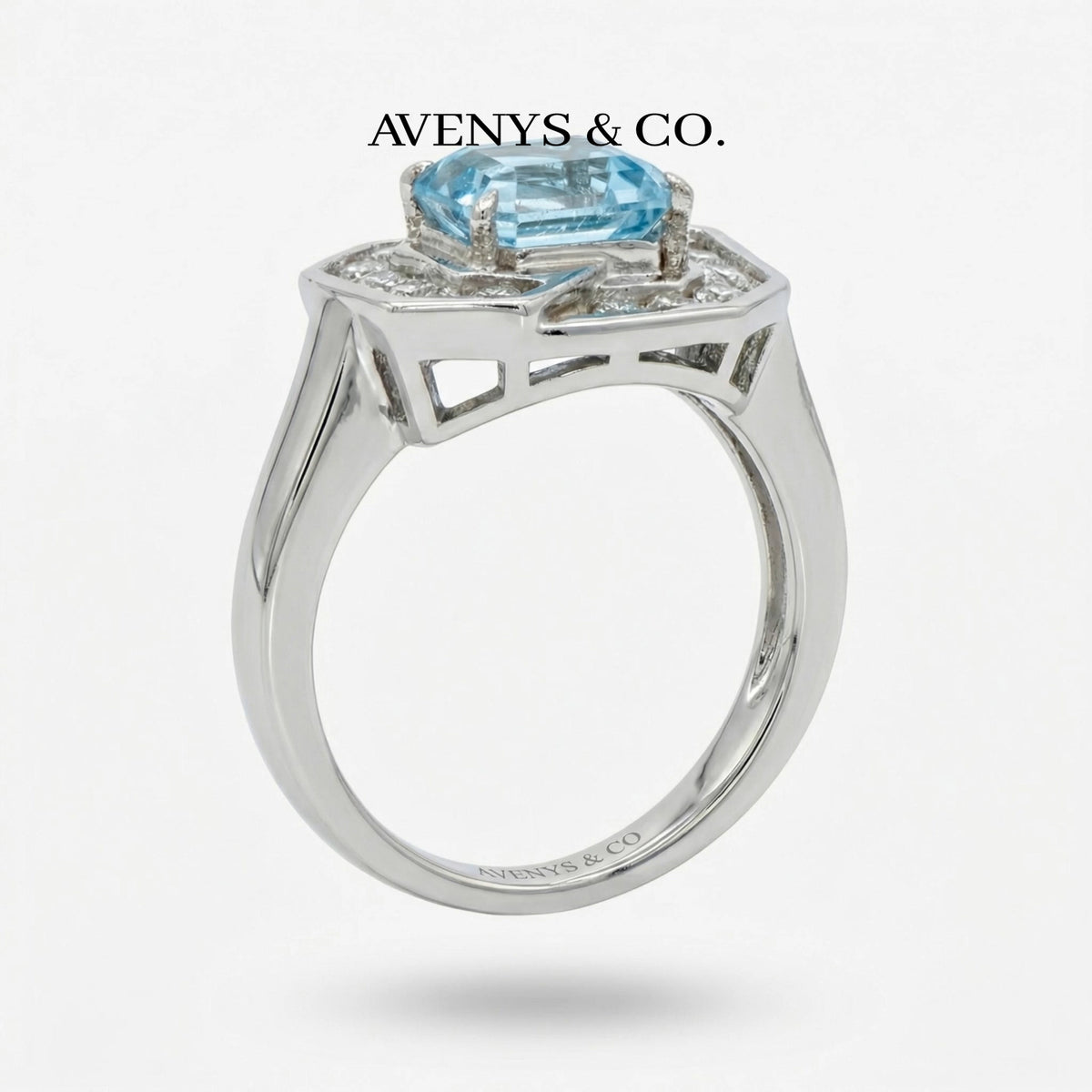 Emerald Frame Ring with Aquamarine Emerald Stone – on White Gold
