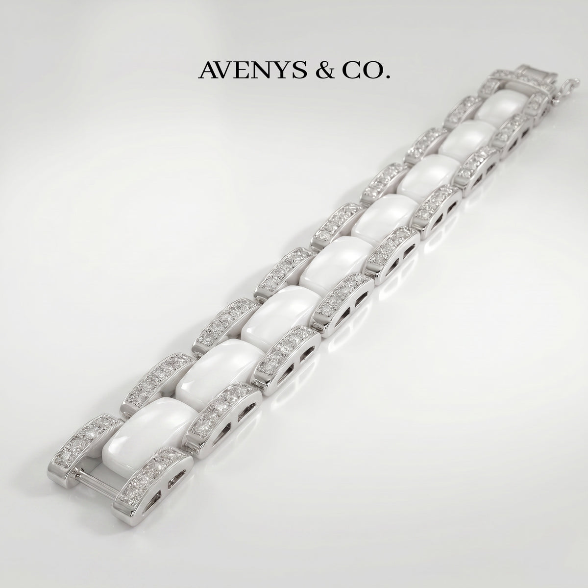 Connected Bracelet with White Round Stone – on White Gold
