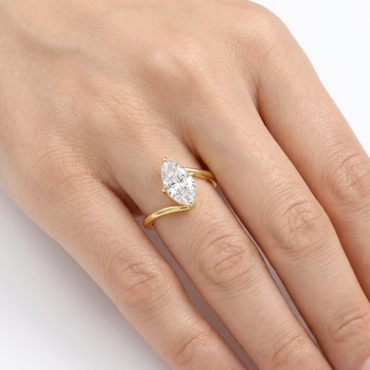 Bypass Marquise Ring with White Marquise Stone – on Yellow Gold