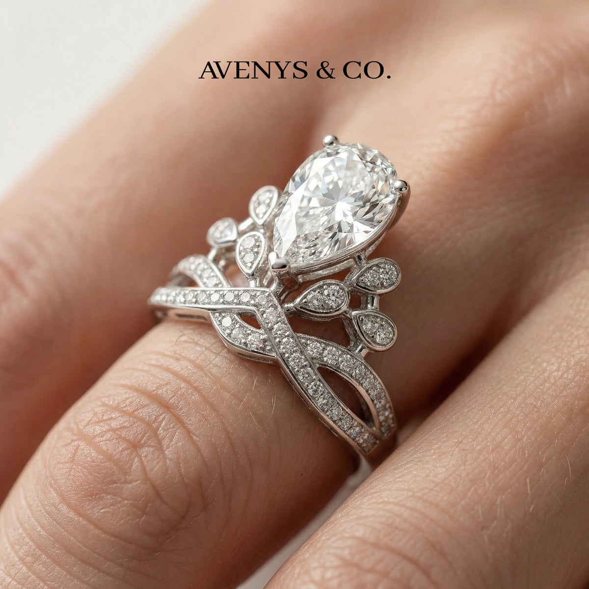 Crown Flower Ring with White Pear Stone – on White Gold