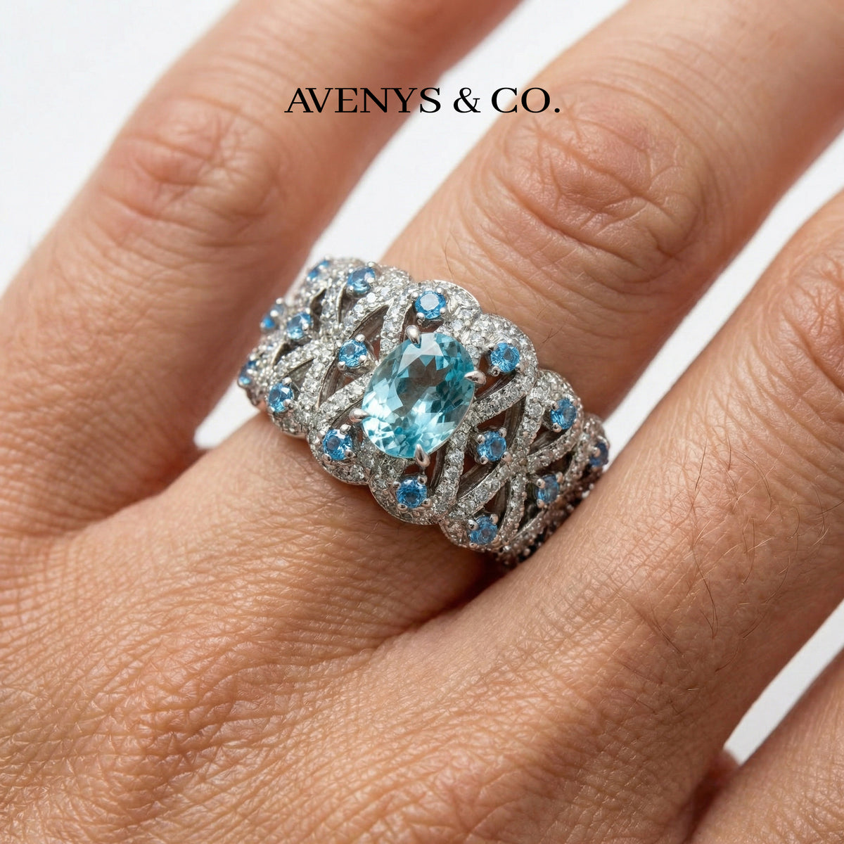 Floral Garden Ring with Aquamarine Oval Stone – on White Gold