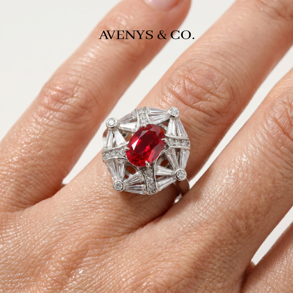 Astral Ring with Red Oval Stone – on White Gold