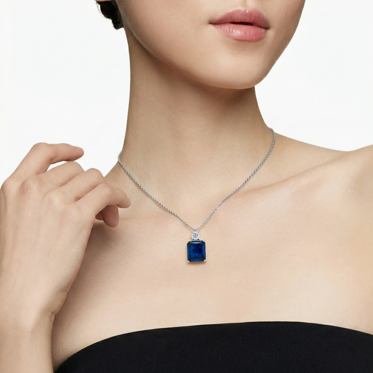Radiant Pendant Necklace with Blue Radiant Stone – on White Gold