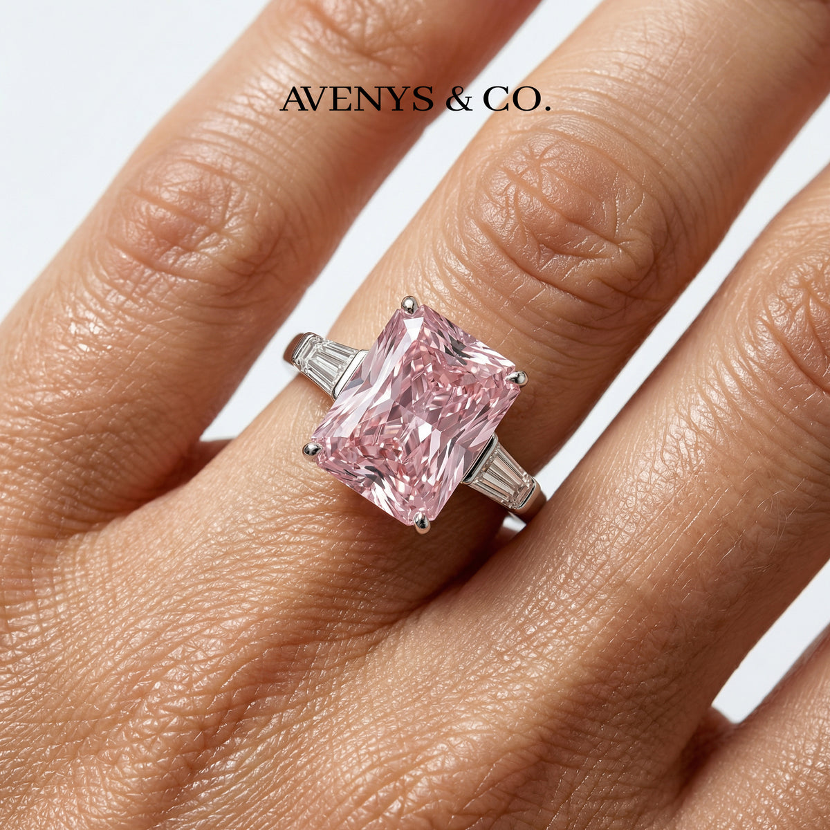 Radiant Trilogy Ring with Pink Radiant Stone – on White Gold
