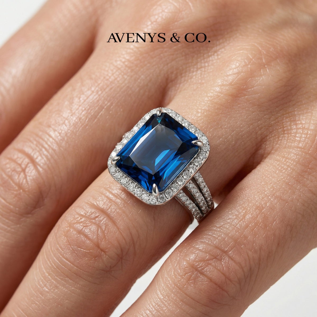 Triple Shank Radiant Ring with Blue Radiant Stone – on White Gold