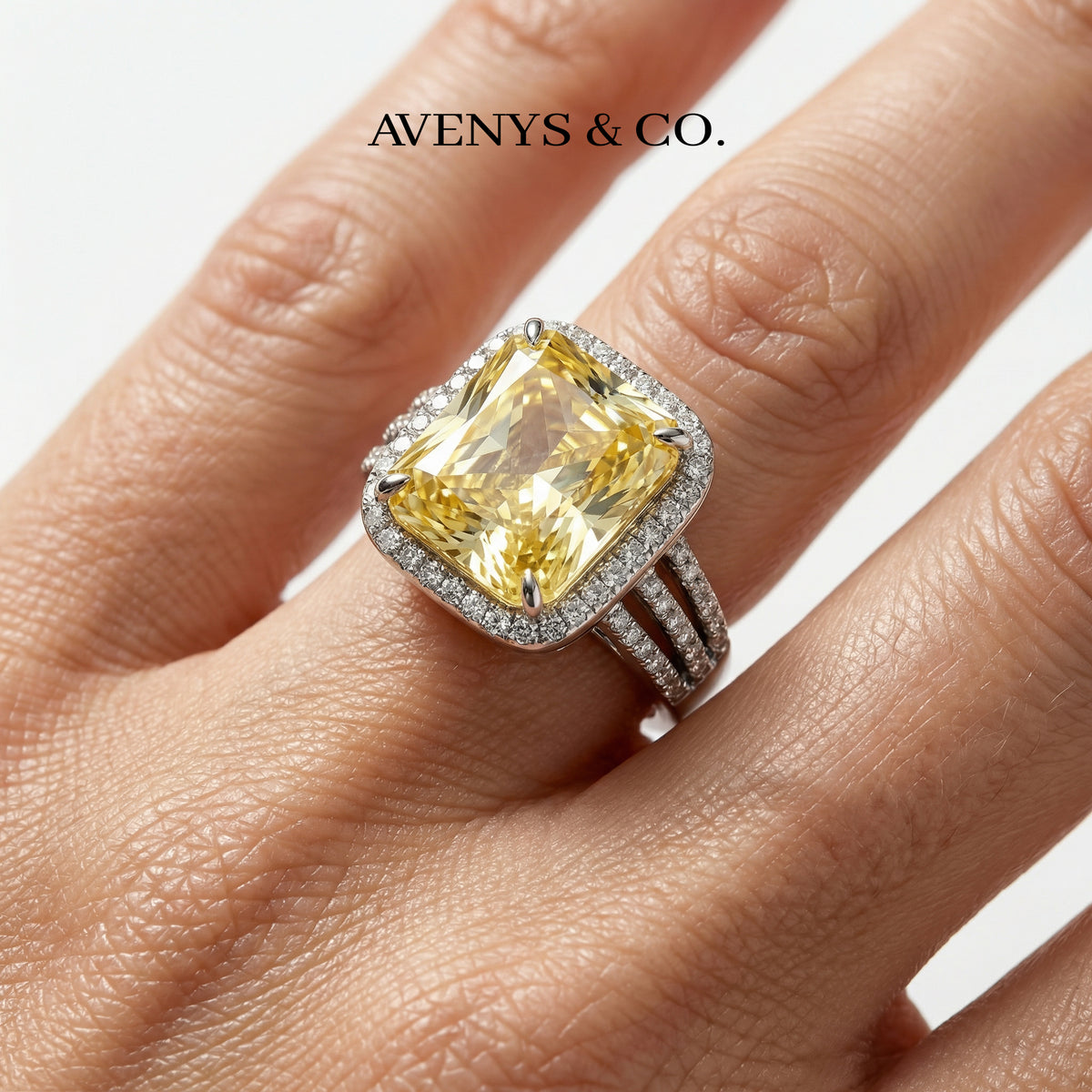 Triple Shank Radiant Ring with Yellow Radiant Stone – on White Gold