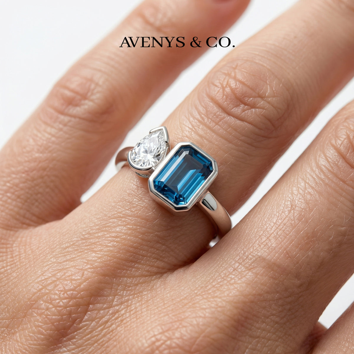 Duality Ring with Blue Emerald Stone – on White Gold