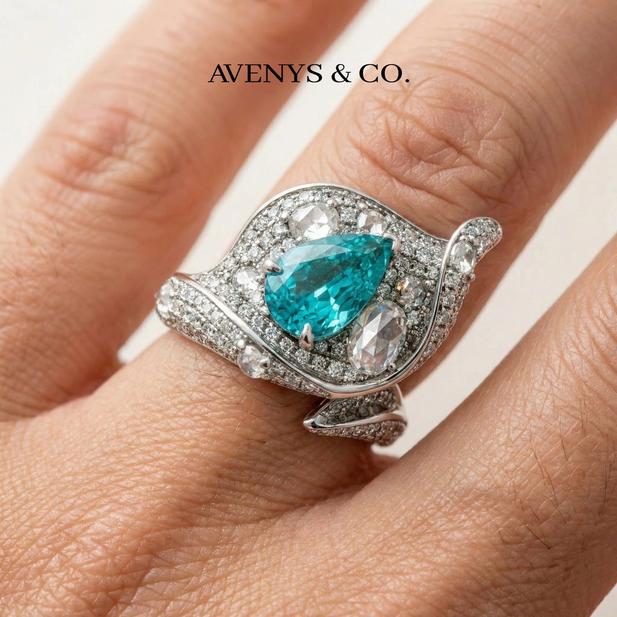 Siren Pave Ring with Paraiba Pear Stone – on White Gold