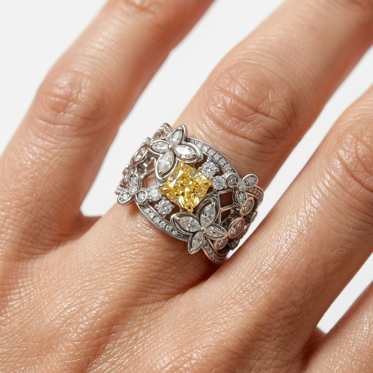 Summer Floral Ring with Yellow Cushion Stone – on White Gold