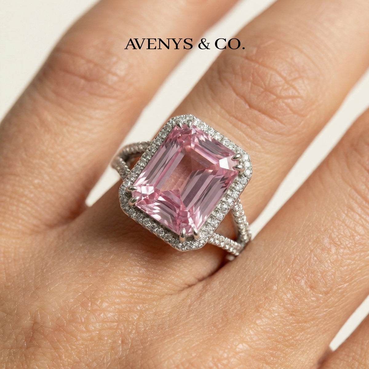 Sunset Radiant Ring with Pink Radiant Stone – on White Gold