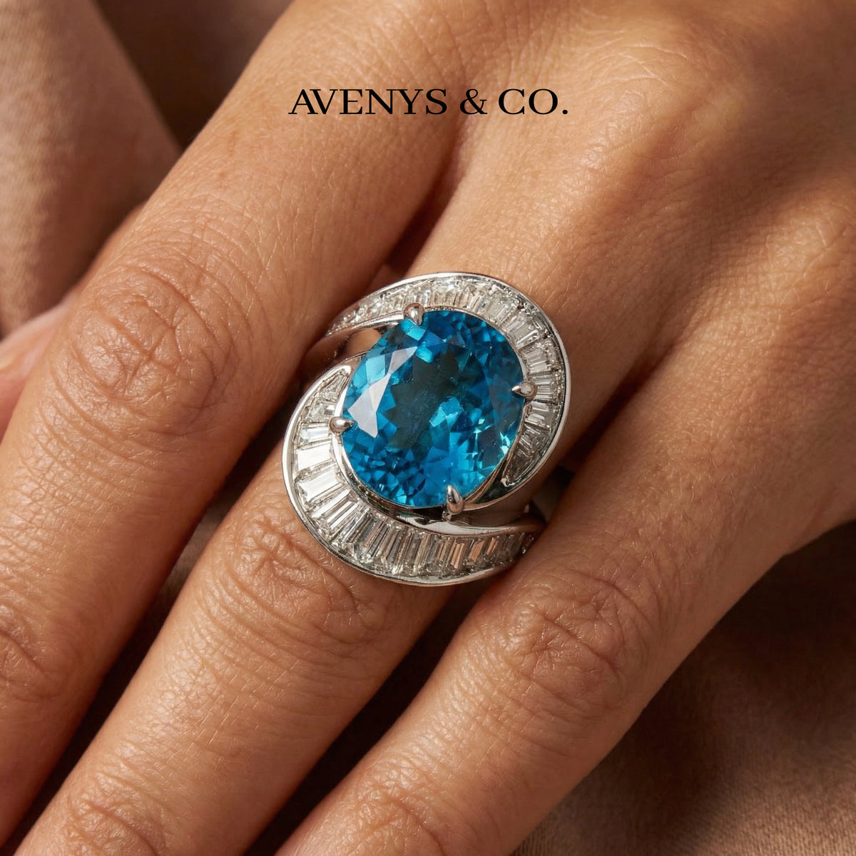 Eclipse Ring with Blue Oval Stone – on White Gold