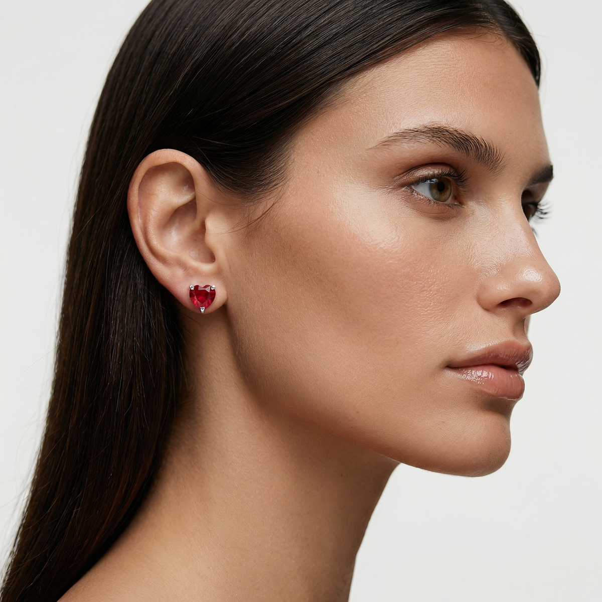 Love Heart Earrings with Red Heart Stone – on White Gold