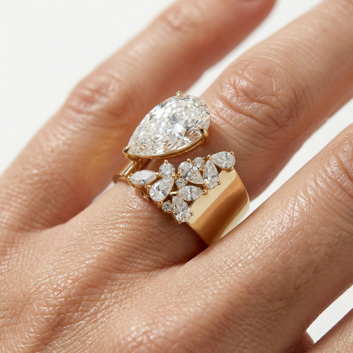 Valence Wide Cuff Ring with White Pear Stone – on Yellow Gold